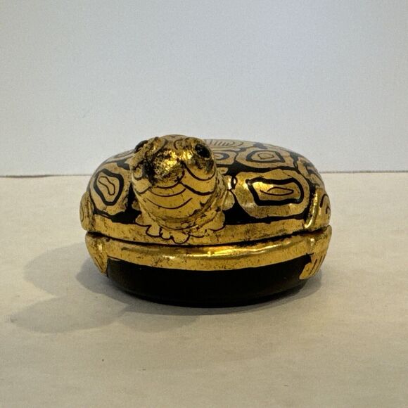 Burmese Shwe Zawa 2 Turtle Lacquerware Trinket Box Container Black Gold Wood - Picture 11 of 16